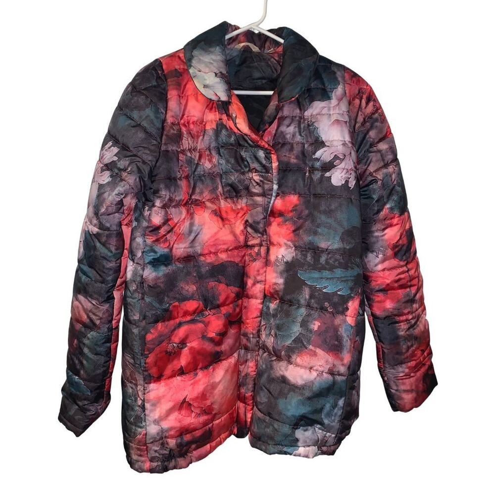 Soft Surroundings Women's Floral Puffer Jacket Size M Colorful Apres Ski Winter